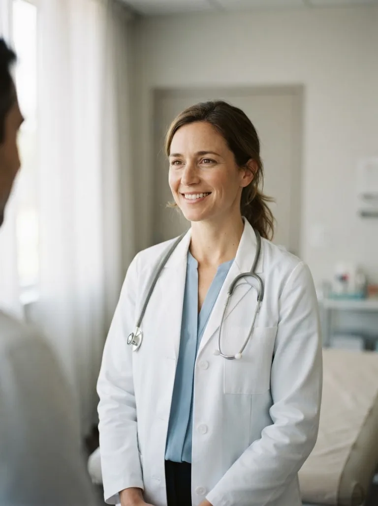 An attractive illustrative unnamed woman physician around 30 to 38 with a polished natural appearance faces the visitor with a relaxed welcoming posture while standing comfortably